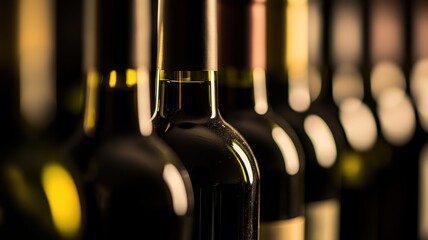 A row of wine bottles in focus, soft background blur; elegance and craftsmanship in every detail.