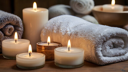 Tranquil Spa Still Life: A serene spa setting with lit candles, soft towels, and soothing elements, creating an atmosphere of relaxation and well-being.