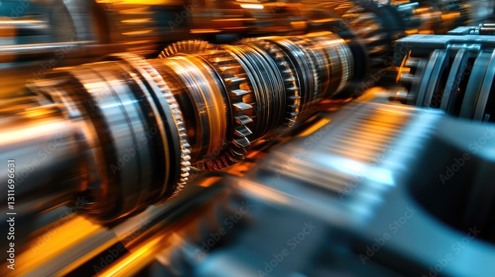Poster close-up of spinning metal gears in motion, creating a blurred effect with a sharp industrial focus.