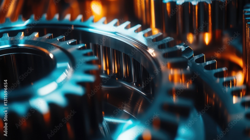 Poster close-up of spinning metal gears in motion, creating a blurred effect with a sharp industrial focus.