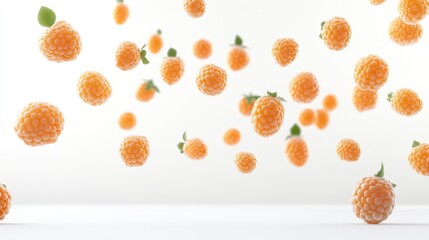 Vibrant Orange Raspberries Floating in Air on Light Background