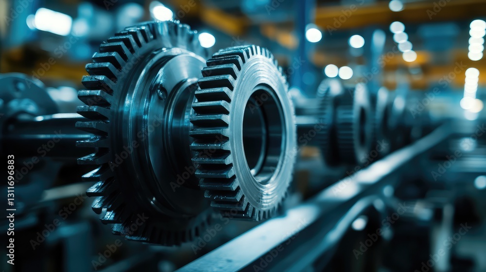 Poster close-up of spinning metal gears in motion, creating a blurred effect with a sharp industrial focus.