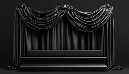 Black podium background with silk fabric, empty platform for product presentation on a black background.
