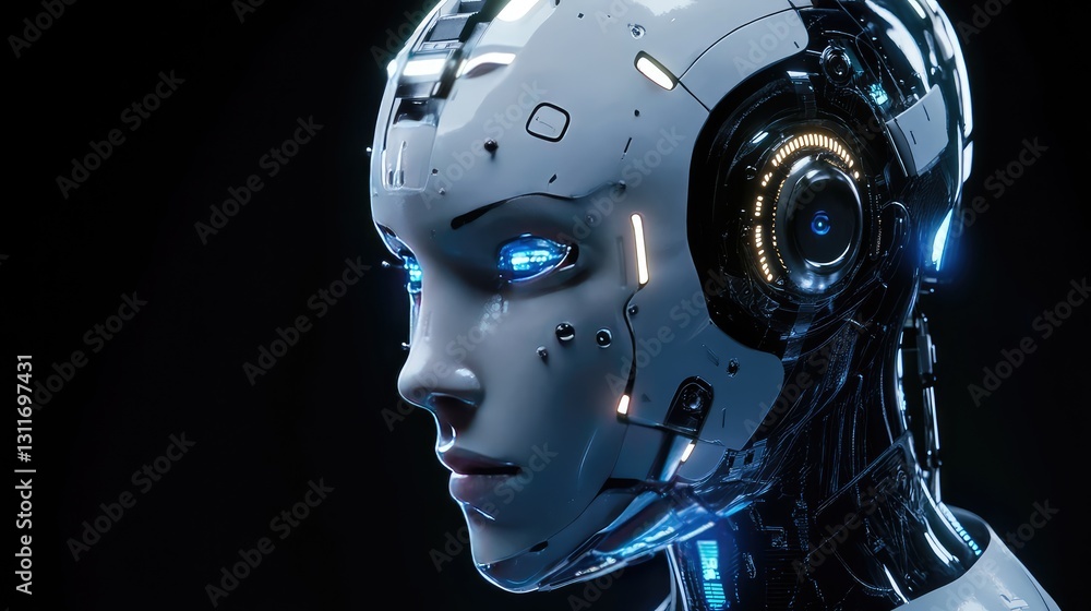 Poster cybernetic machinery with glowing circuits and metal components, creating a futuristic technology co