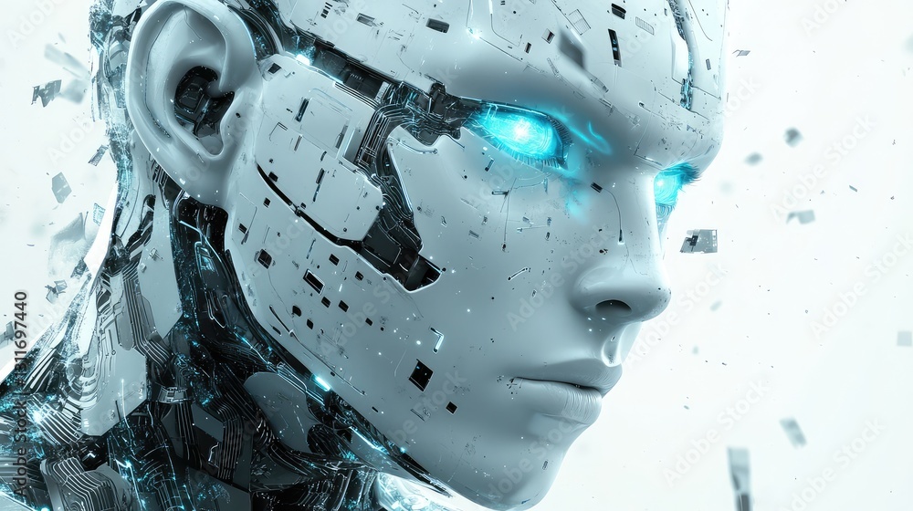 Poster cybernetic machinery with glowing circuits and metal components, creating a futuristic technology co