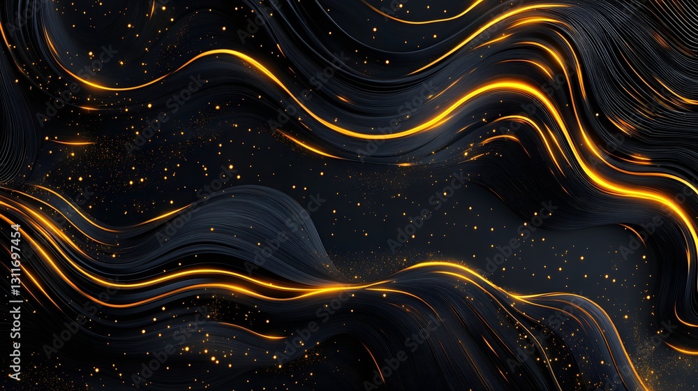 Poster abstract dark waves with glowing orange lines and sparkles