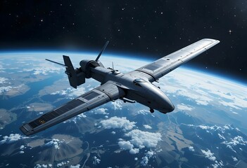 Fototapeta premium Military Drone in Earth Orbit, Global Surveillance Network
