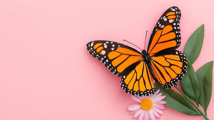 Fototapeta premium Pixel Art Orange Butterfly on Pink Background with Flower