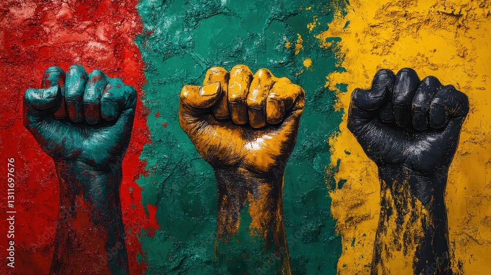 Poster symbolic representation of unity and strength through colorful raised fists on a wall mural