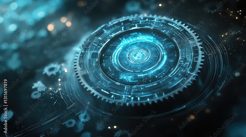 Aufkleber floating digital holographic gears with futuristic blue light, layered over a dark ai-inspired backg