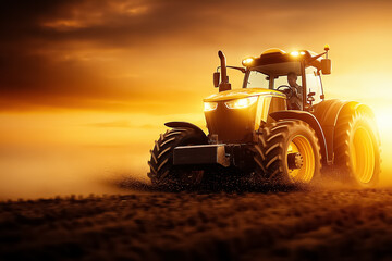 Fototapeta premium A tractor efficiently works the field, leaving fresh soil in its wake. Sunlight pierces through a dust cloud, creating a dynamic interplay of light and shadow during the enchanting golden hour