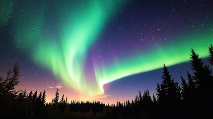 Aurora borealis northern lights idea. Stunning aurora borealis illuminates a serene night sky and forested landscape.