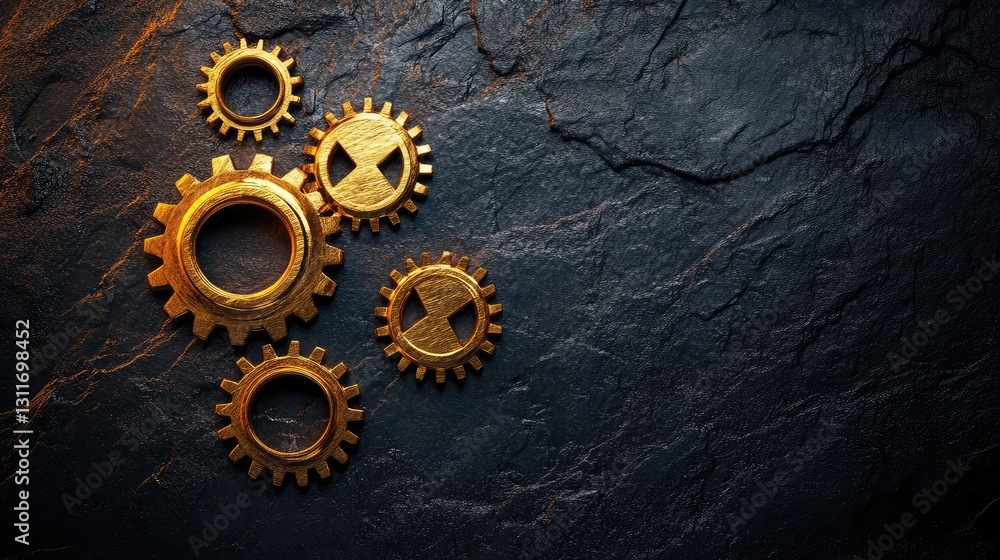 Poster golden gears partially emerging from a shadowed area, lit by dramatic lighting, on a dark textured s