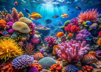 Naklejka premium Vibrant Coral Reef Aquarium Landscape: Tropical Fish & Colorful Corals