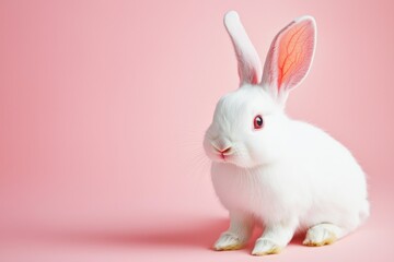 Whimsical Easter scene with a playful white bunny on pink.