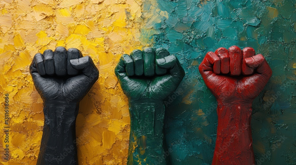 Poster triumphant fists elevating unity and strength through diverse colors of struggle
