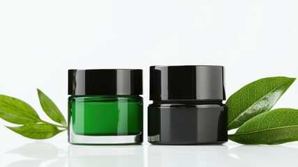 Elegant Green and Black Cosmetic Jars with Fresh Leaves Natural Beauty Product Mockup