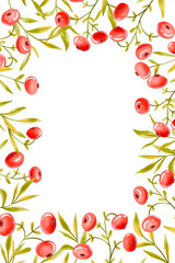 Fototapeta premium Vertical Border frame botanical composition with red berries and green leaves. Spring decor hand drawn illustration on isolated background