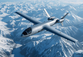 Fototapeta premium Military Drone Flying Over Snowy Mountain Peaks, Aerial Recon