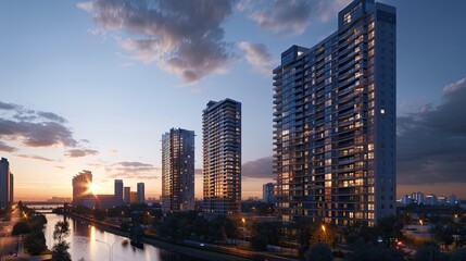 Naklejka premium Modern architecture at dawn with river view reflecting the sky colors