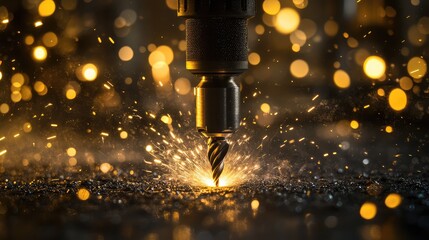 High-speed close-up of a machine drill cutting through metal, with sparks flying, and an isolated background with space for text.