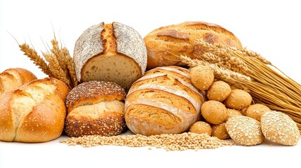 Artisan Breads and Wheat Stalks on White Background