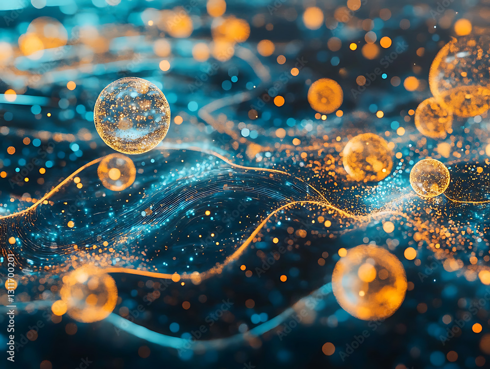 Poster dynamic particle interaction abstract science setting digital art colorful environment close-up view