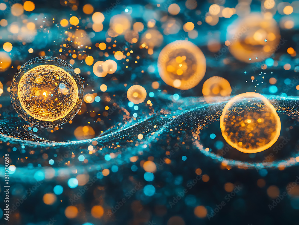 Poster dynamic movement of colorful particles in dark space abstract art digital futuristic environment clo