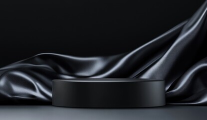 Black podium background with silk fabric, empty platform for product presentation on a black background.