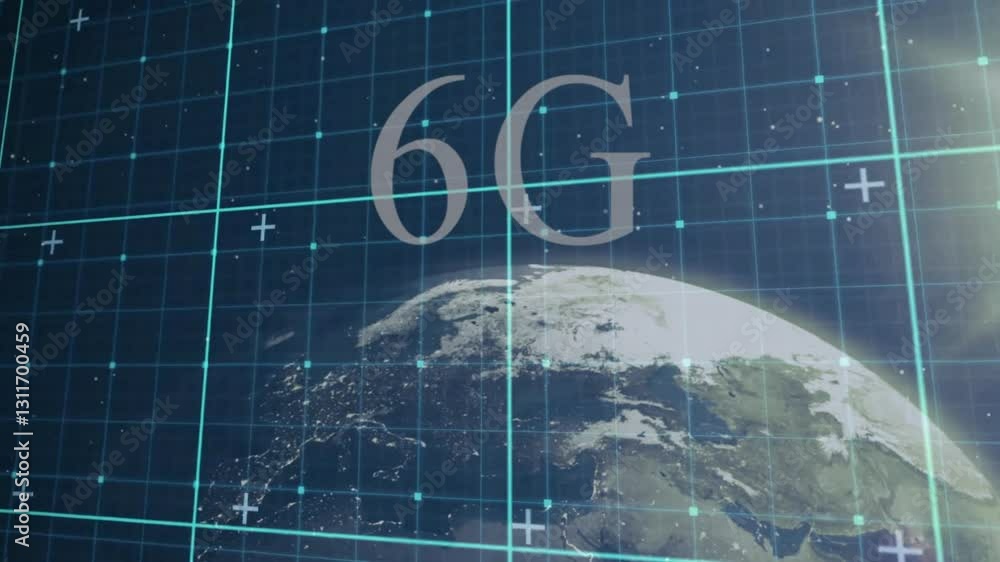 Aufkleber animation of digital grid and earth from space with 6g text overlaying
