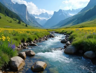 Fototapete Scenic mountain valley with a flowing river and vibrant wildflowers during a sunny day in summer © Zhanna Chychkova