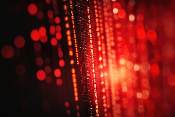 Close-up of a digital display showing red code, with a blurred background featuring binary numbers and a light bokeh effect