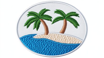 Obraz premium A vibrant embroidery design featuring two palm trees on a sandy beach with gentle waves, encapsulating a tropical paradise.