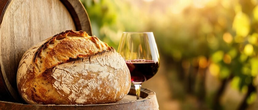 Baked goods with alcoholic beverage. Rustic bread and a glass of wine on a barrel in a vineyard setting.