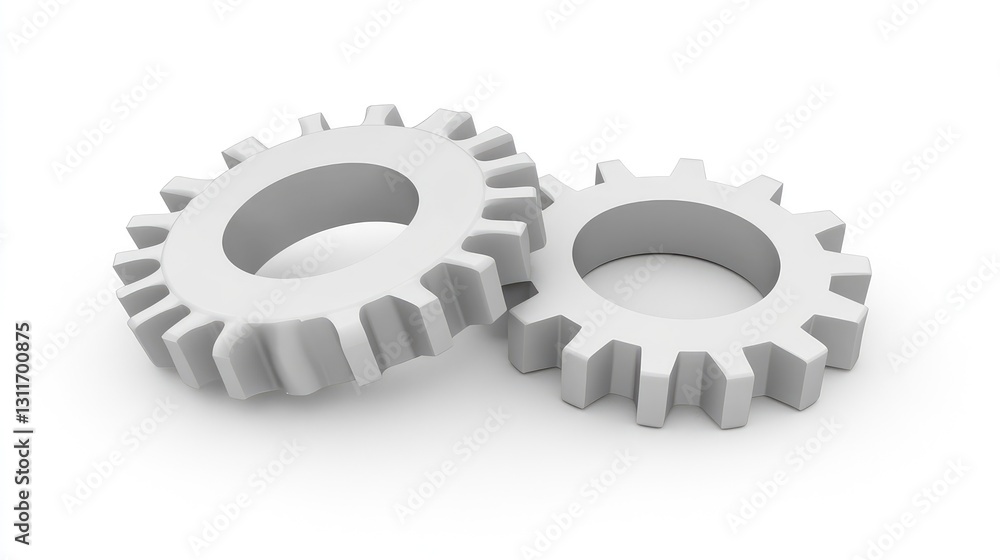 Poster interlocking d-rendered white gears on a clean white background, creating a minimalistic and modern 