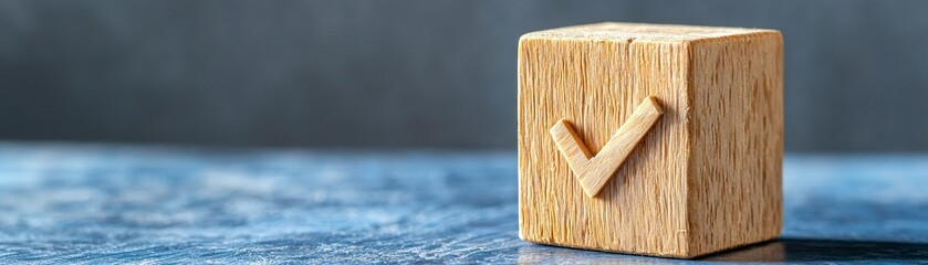 Beige Cube with Carved Checkmark on Textured Surface