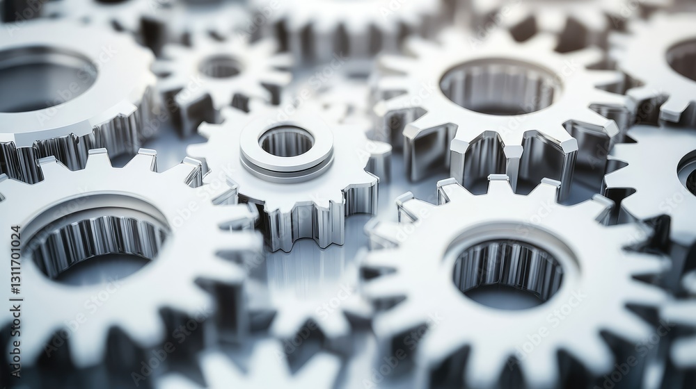 Poster interlocking d-rendered white gears on a clean white background, creating a minimalistic and modern 
