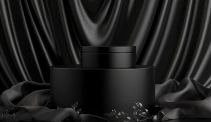 Black podium background with silk fabric, empty platform for product presentation on a black background.