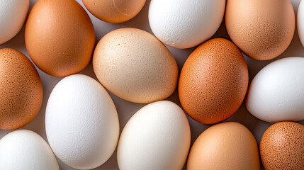 variety of brown and white eggs arranged closely together, showcasing their textures