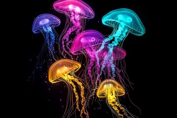 Colorful Jellyfish Floating in Darkness