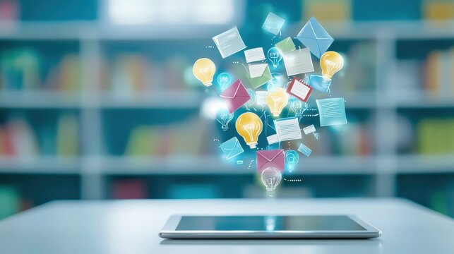 The future of education represented by holographic classrooms floating over a tablet.