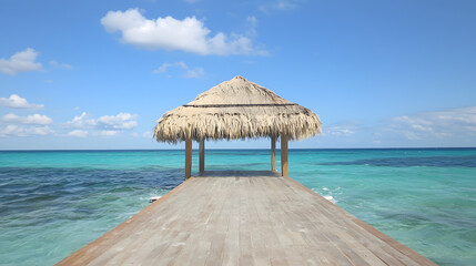 Tropical paradise vacation scene featuring a wooden jetty extending into the turquoise waters of Isla Mujeres, Mexico, with clear skies and a serene ocean view.
