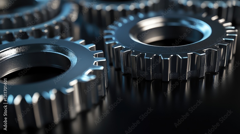 Poster large interconnected steel gears with reflections on a dark surface, showcasing mechanical precision
