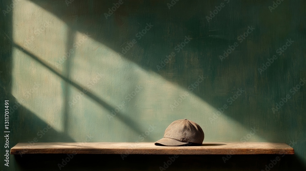 Poster simple cap on wooden shelf with soft shadow and green background