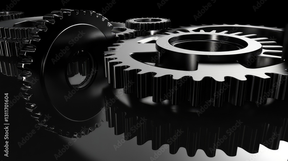 Poster large interconnected steel gears with reflections on a dark surface, showcasing mechanical precision