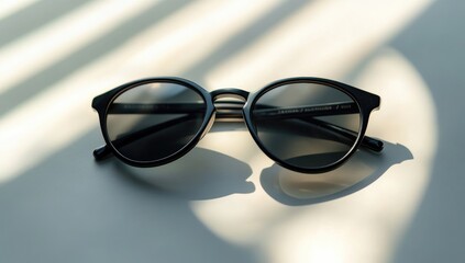 Black sunglasses on a white table, close-up, front view, minimalist style, sunlight shining through the glasses,