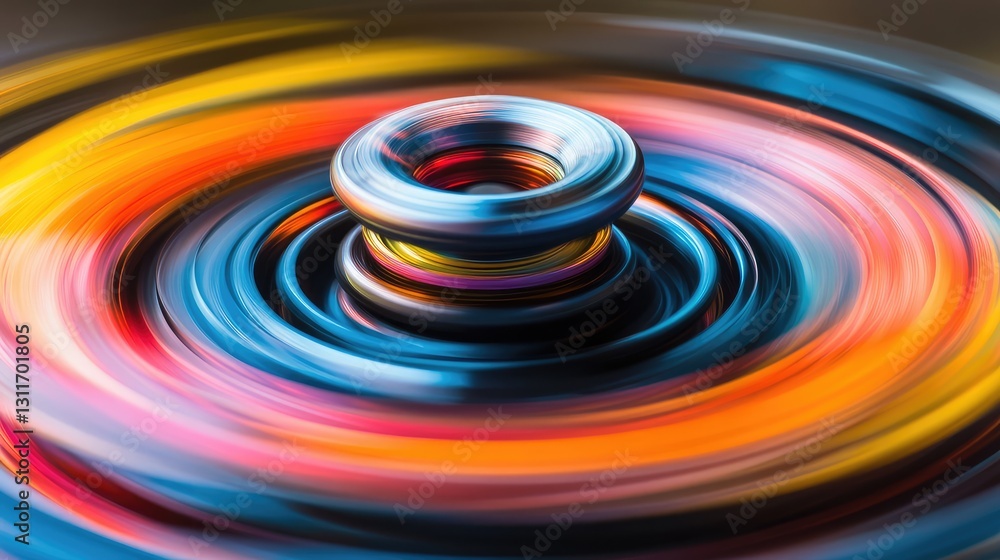 Poster macro shot of a fidget spinner in motion, sleek design with blurred edges.