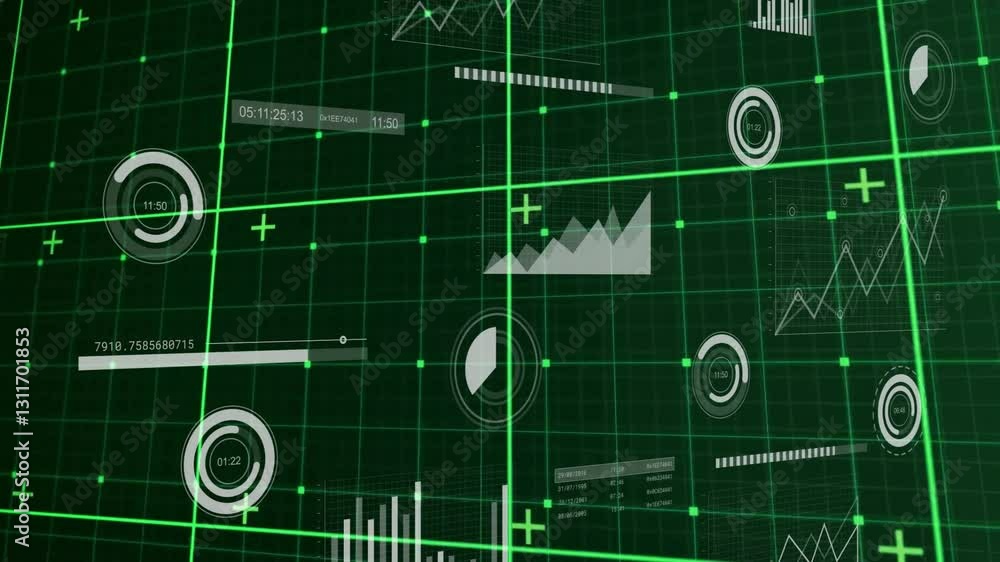 Poster digital data charts and graphs animation on green grid background