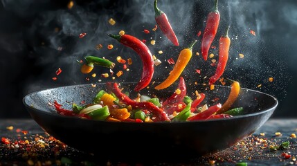Chili Peppers Tossed in Wok with Spices