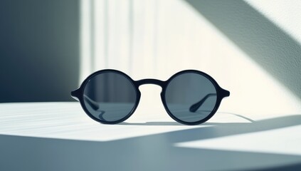 Black sunglasses on a white table, close-up, front view, minimalist style, sunlight shining through the glasses,